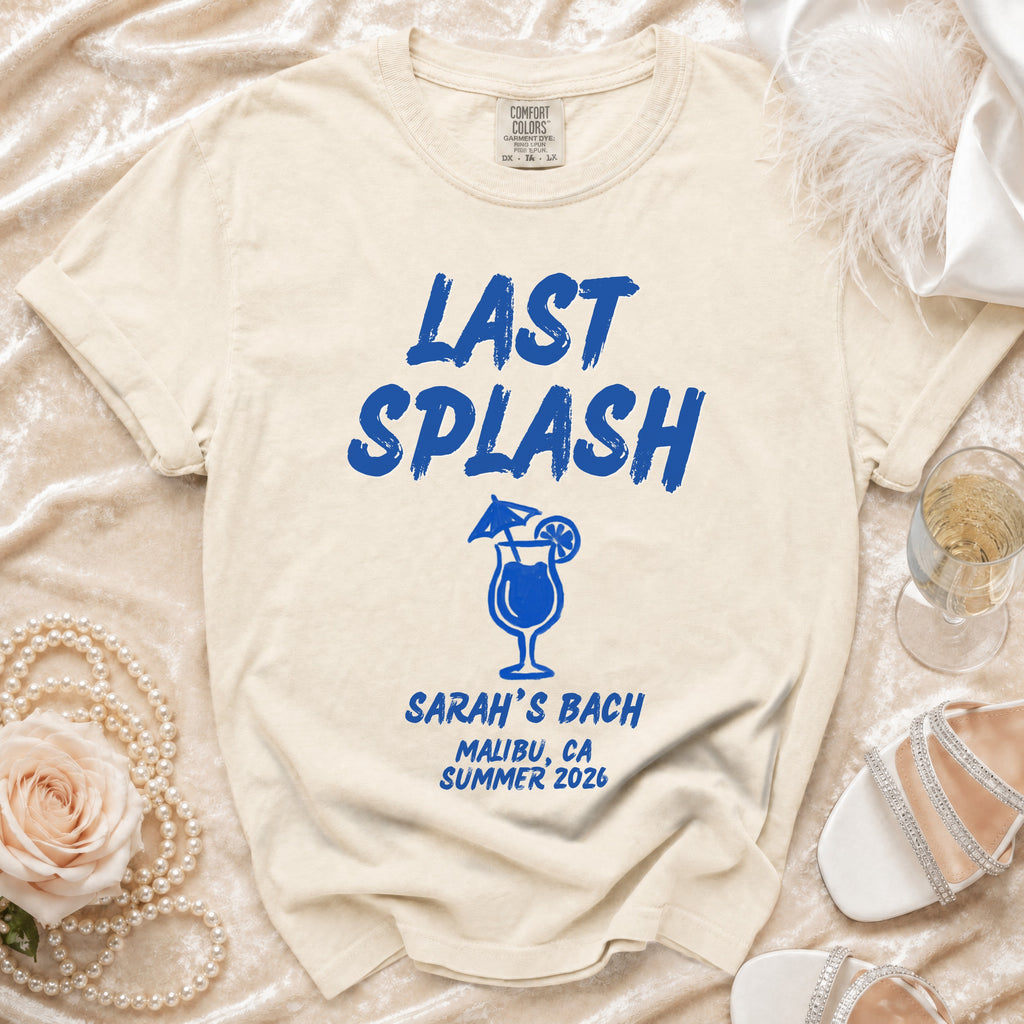Cream t-shirt with "Last Splash" and cocktail graphic for Sarah's Bach Malibu.