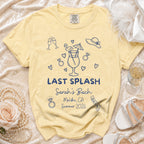 Yellow t-shirt with "Last Splash Sarah's Bach Malibu, CA Summer 2026 Bride to-be" design.