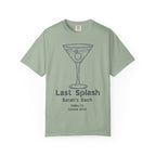 Light sage t-shirt with "Last Splash Sarah's Bach Malibu, CA Summer 2026" text and martini glass graphic.