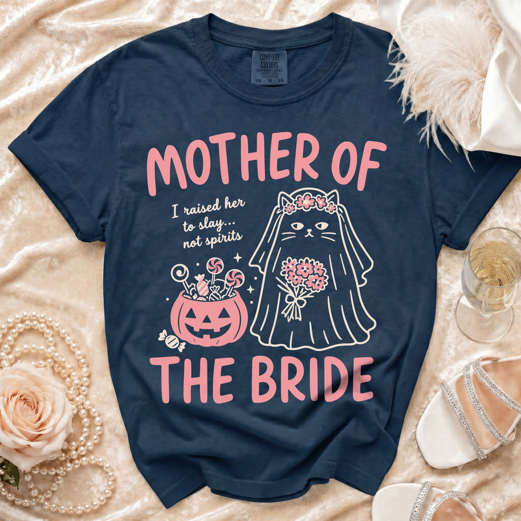 Navy t-shirt with pink text "Mother of the Bride" and cat bride graphic.