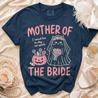Navy t-shirt with pink text "Mother of the Bride" and cat bride graphic.