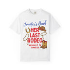 White t-shirt with "Jennifer's Last Rodeo Nashville, TN Summer 2026" and cowboy hat.