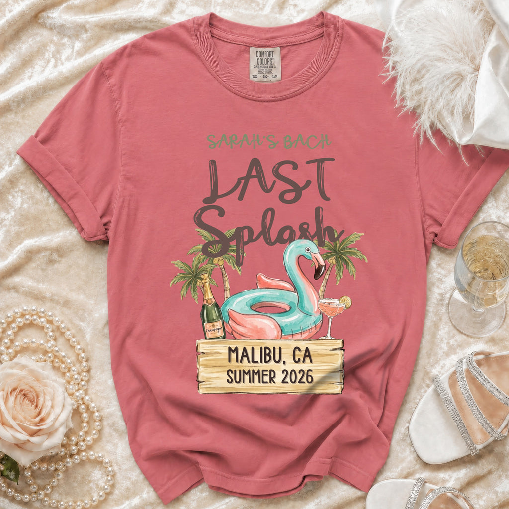 Salmon t-shirt with "Sarah's Bach Last Splash" text and flamingo graphic.
