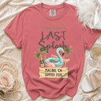Salmon t-shirt with "Sarah's Bach Last Splash" text and flamingo graphic.