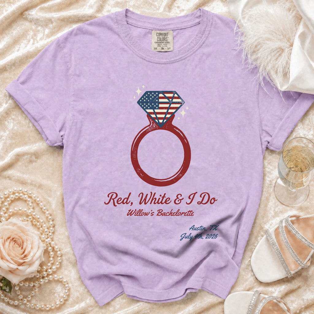 Red, White & I Do Willow's Bachelorette T-shirt with diamond ring design.
