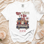 T-shirt with "Red, White & I Do" and "Willow's Bachelorette" text, featuring a bride and bridesmaids.