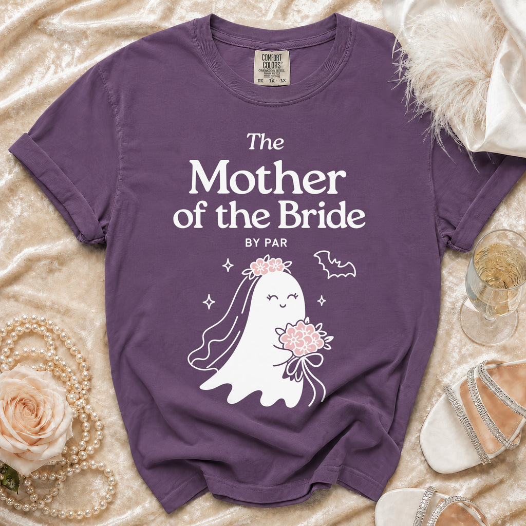 Purple t-shirt with a ghost wearing a veil and holding a bouquet, reading "The Mother of the Bride."