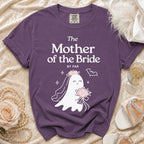 Purple t-shirt with a ghost wearing a veil and holding a bouquet, reading "The Mother of the Bride."