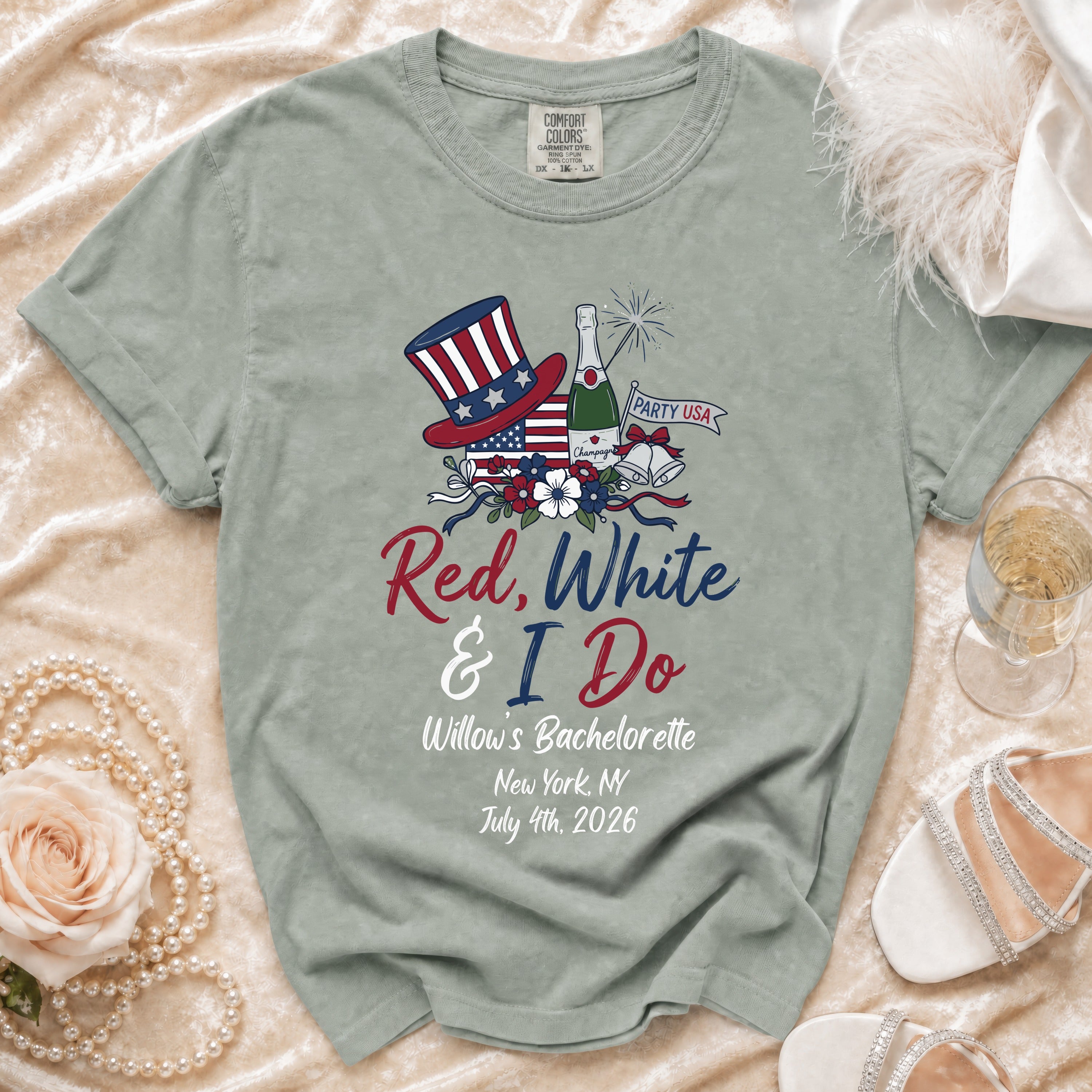 "Red, White & I Do" bachelorette t-shirt with patriotic graphics.