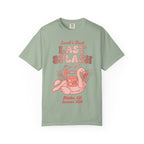 T-shirt with "Sarah's Last Splash Malibu, CA Summer 2026" and flamingo drink float.