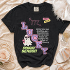 Black t-shirt with "LUCKY SPOOKY SEASON" text, a ghost, and "mother of the bride" graphic.