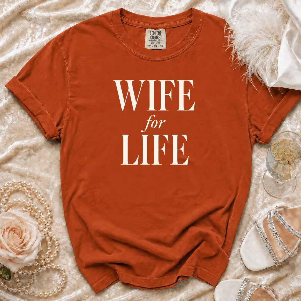 Comfort Colors orange t-shirt with "WIFE for LIFE" text.