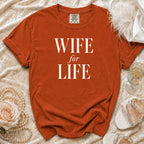 Comfort Colors orange t-shirt with "WIFE for LIFE" text.
