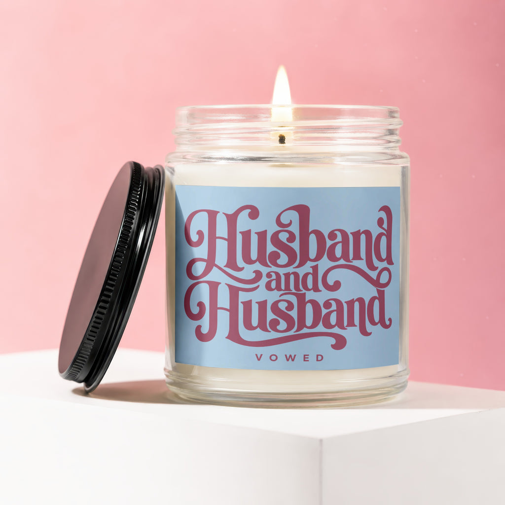 Glass candle with label reading "Husband and Husband Vowed".
