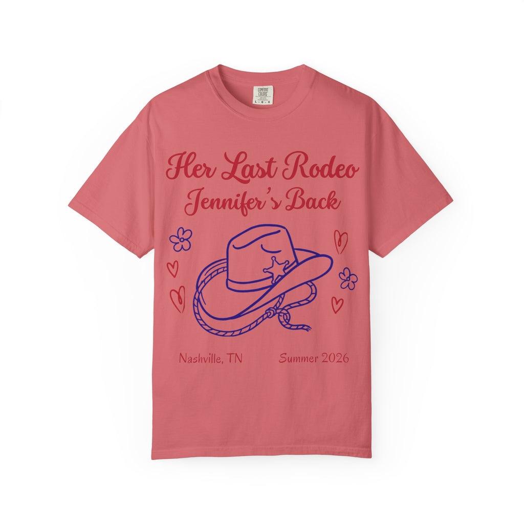 Coral t-shirt with "Her Last Rodeo Jennifer's Back" text, cowboy hat, and hearts.
