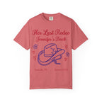 Coral t-shirt with "Her Last Rodeo Jennifer's Back" text, cowboy hat, and hearts.