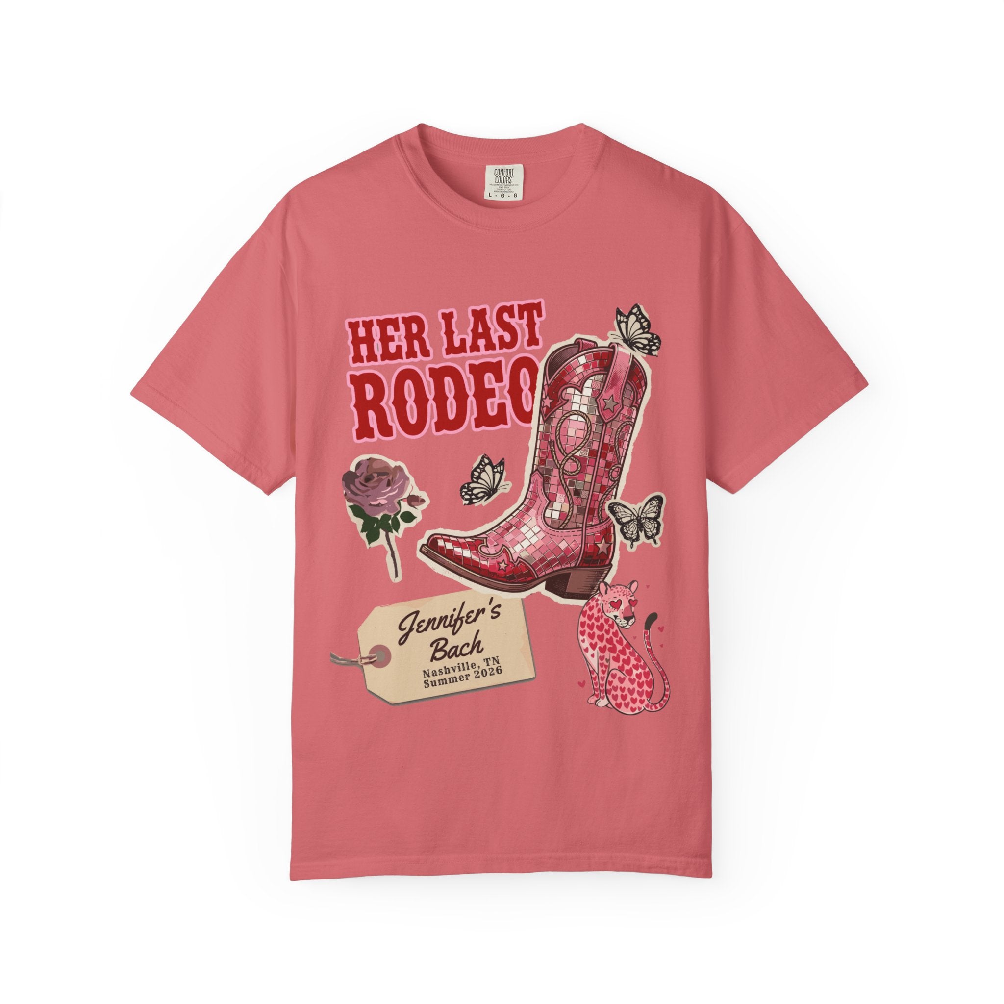 Pink t-shirt with "Her Last Rodeo" and country-themed graphics.