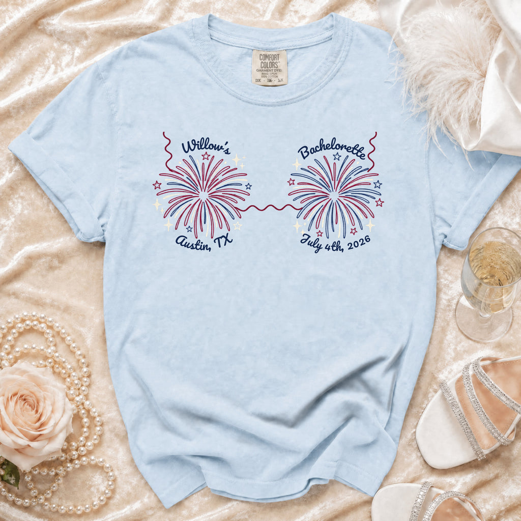 Light blue Comfort Colors t-shirt with "Willow's Bachelorette Austin TX July 4th, 2026" graphic.