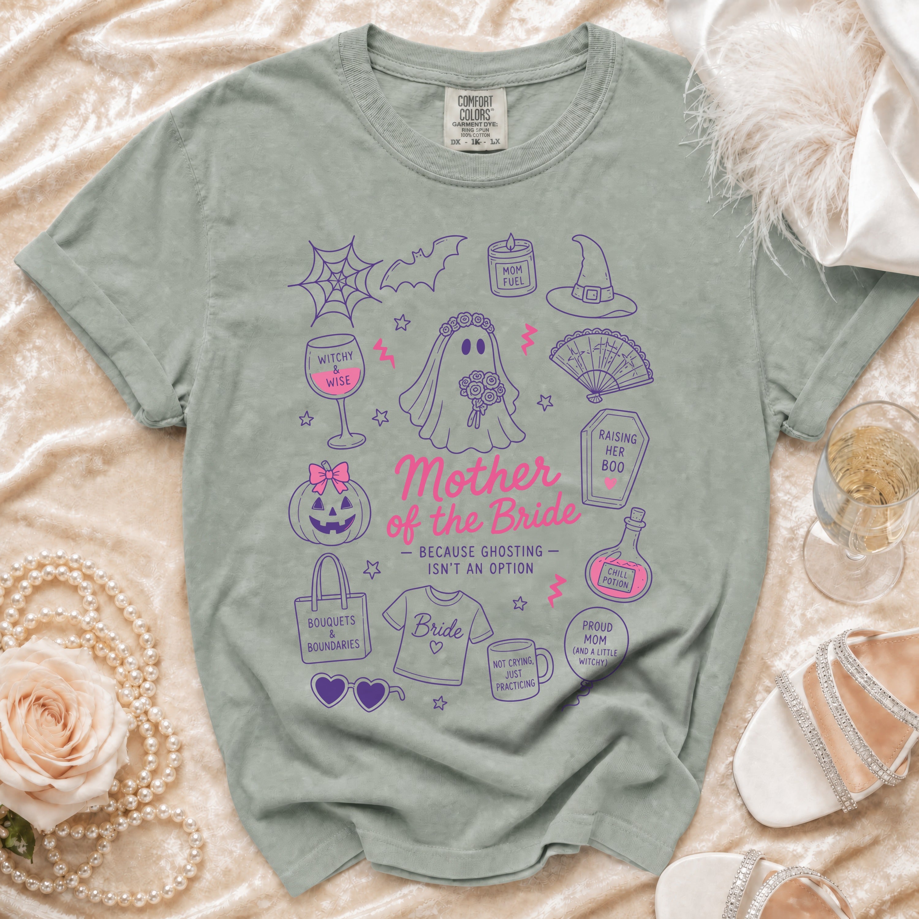 Ghost bride design on a sage green t-shirt reads "Mother of the Bride."