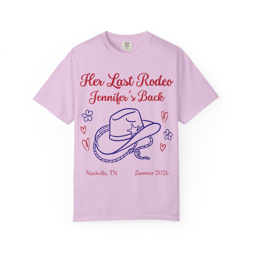 Pink t-shirt with "Her Last Rodeo Jennifer's Back" and cowboy hat design.