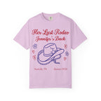 Pink t-shirt with "Her Last Rodeo Jennifer's Back" and cowboy hat design.