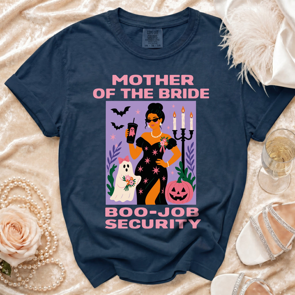 Mother of the Bride Boo-Job Security graphic on navy t-shirt with Halloween elements.
