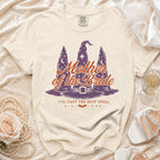 Cream t-shirt with "Mother of the Bride" and witch hats graphic.