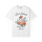 White t-shirt with "Last Splash Sarah's Bach Malibu, CA Summer 2026" and a flamingo graphic.