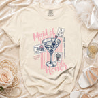 "Maid of Honor" t-shirt with martini, cake, and floral stamps.