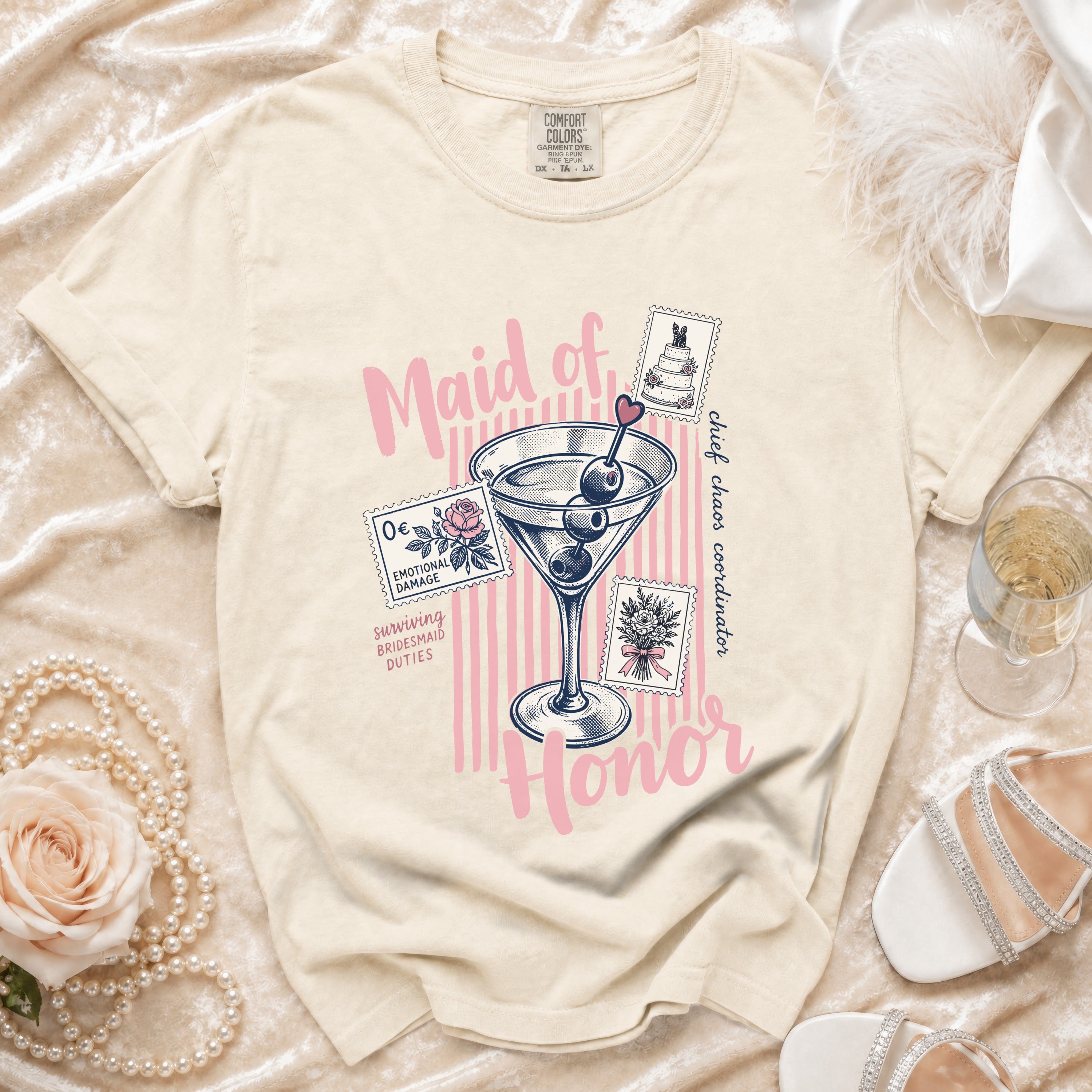 "Maid of Honor" t-shirt with martini, cake, and floral stamps.