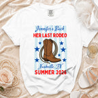 White t-shirt with "Jennifer's Bach HER LAST RODEO Nashville, IN SUMMER 2026".