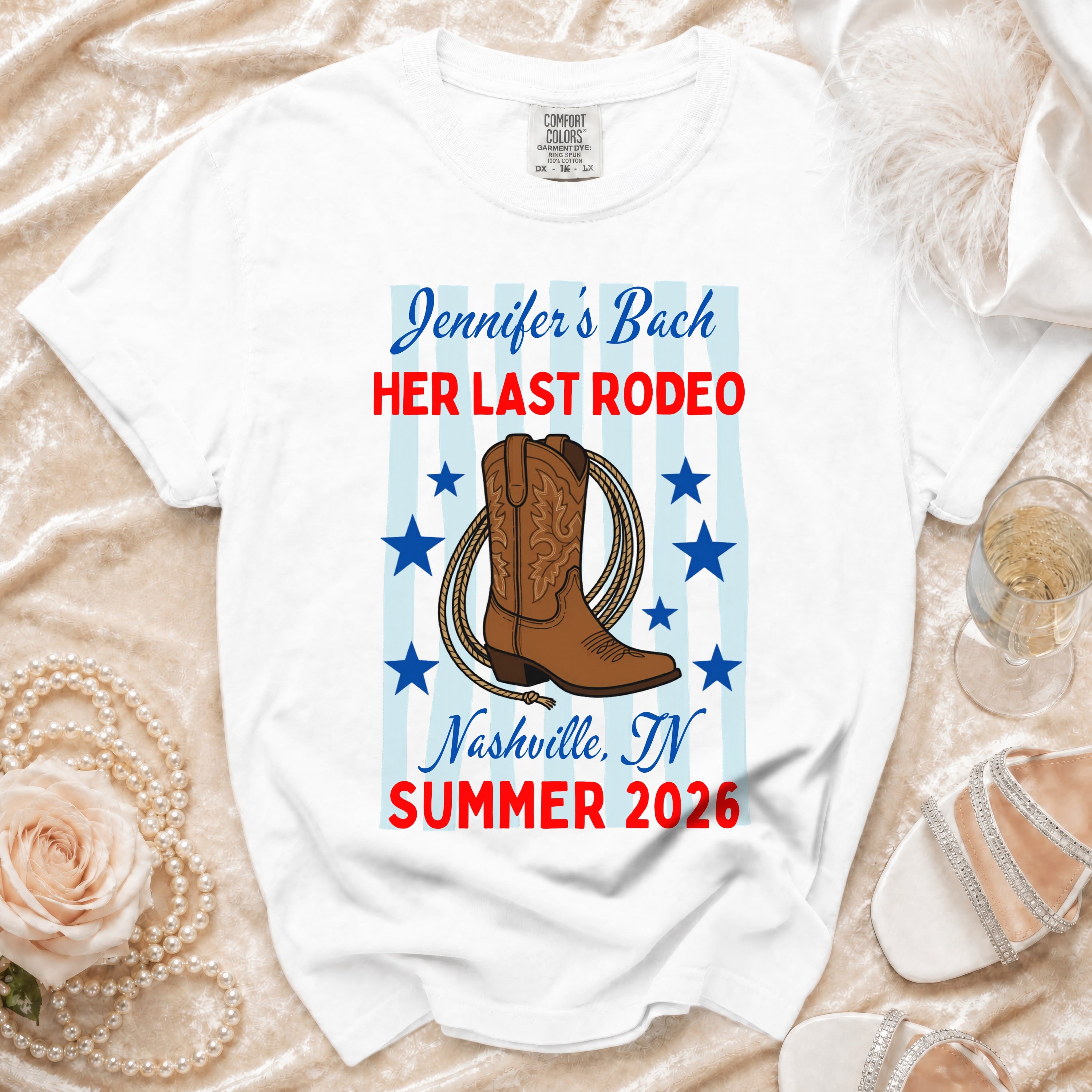 White t-shirt with "Jennifer's Bach HER LAST RODEO Nashville, IN SUMMER 2026".