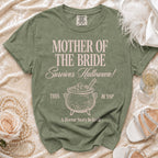 Green t-shirt with "Mother of the Bride Survives Halloween! This & Yap A Horror Story In Itself" text.
