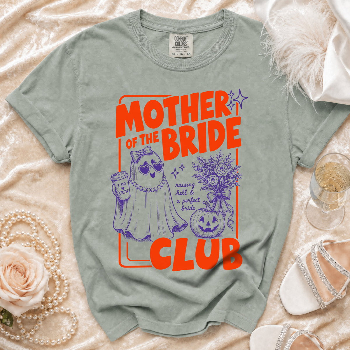 Mother of the Bride Club t-shirt with ghost graphic, pumpkin, and flowers.