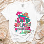 White t-shirt with "Last Splash Sarah's Bach Malibu, CA Summer 2026" graphic.