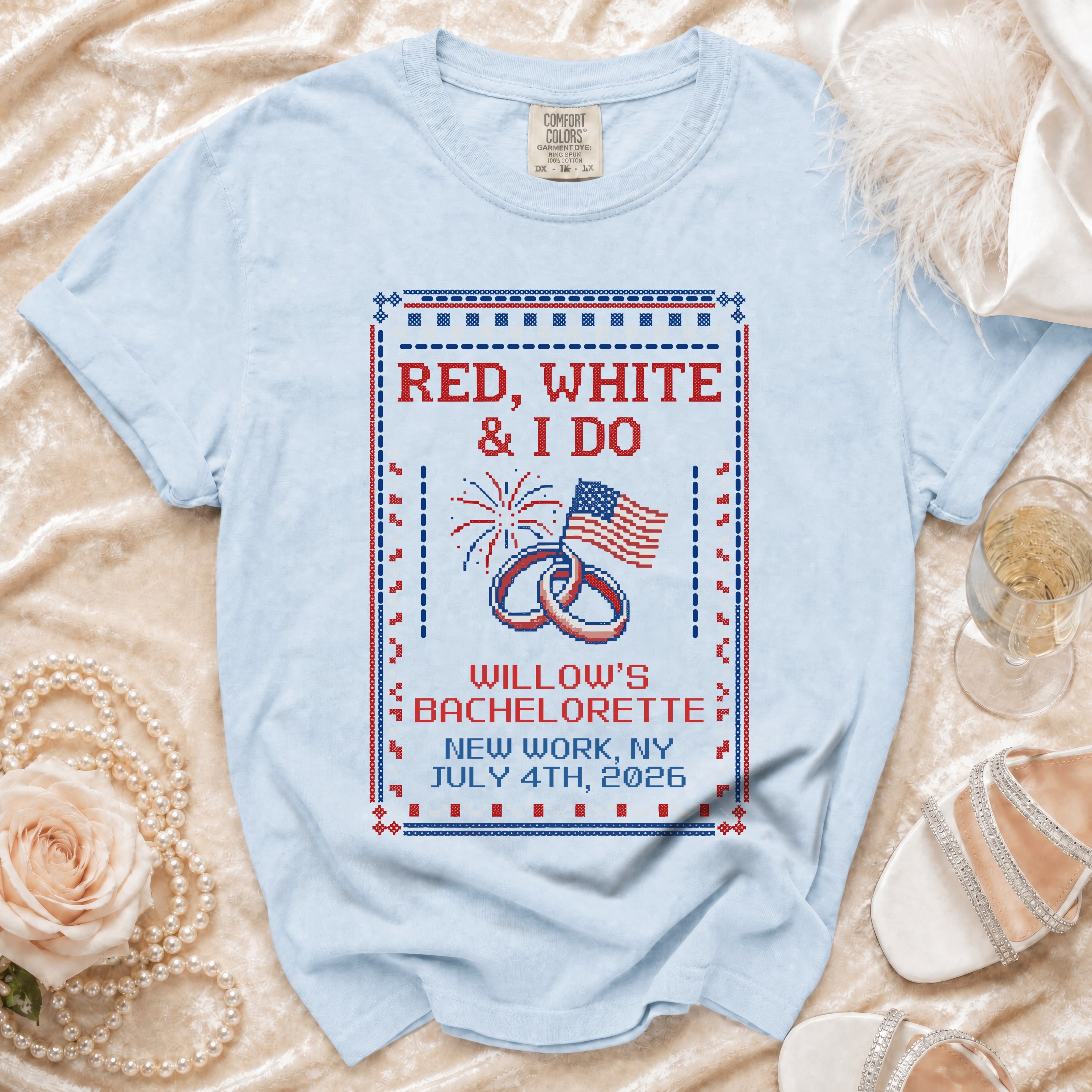 Red, white, and I Do Willow's Bachelorette July 4th, 2026 shirt.