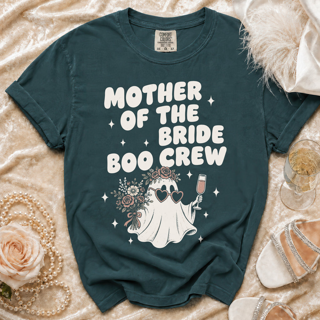Dark teal t-shirt with "Mother of the Bride Boo Crew" text and a ghost graphic.