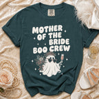 Dark teal t-shirt with "Mother of the Bride Boo Crew" text and a ghost graphic.