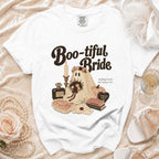 White t-shirt with "Boo-tiful Bride" text and ghostly bride illustration.