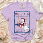 Bachelorette party t-shirt with "Red, White & I Do" and New York, July 4, 2026.