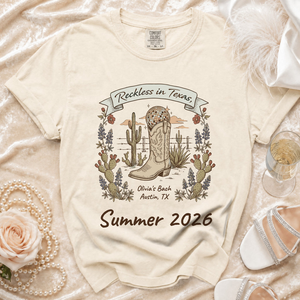 T-shirt with "Reckless in Texas" and "Summer 2026" designs.