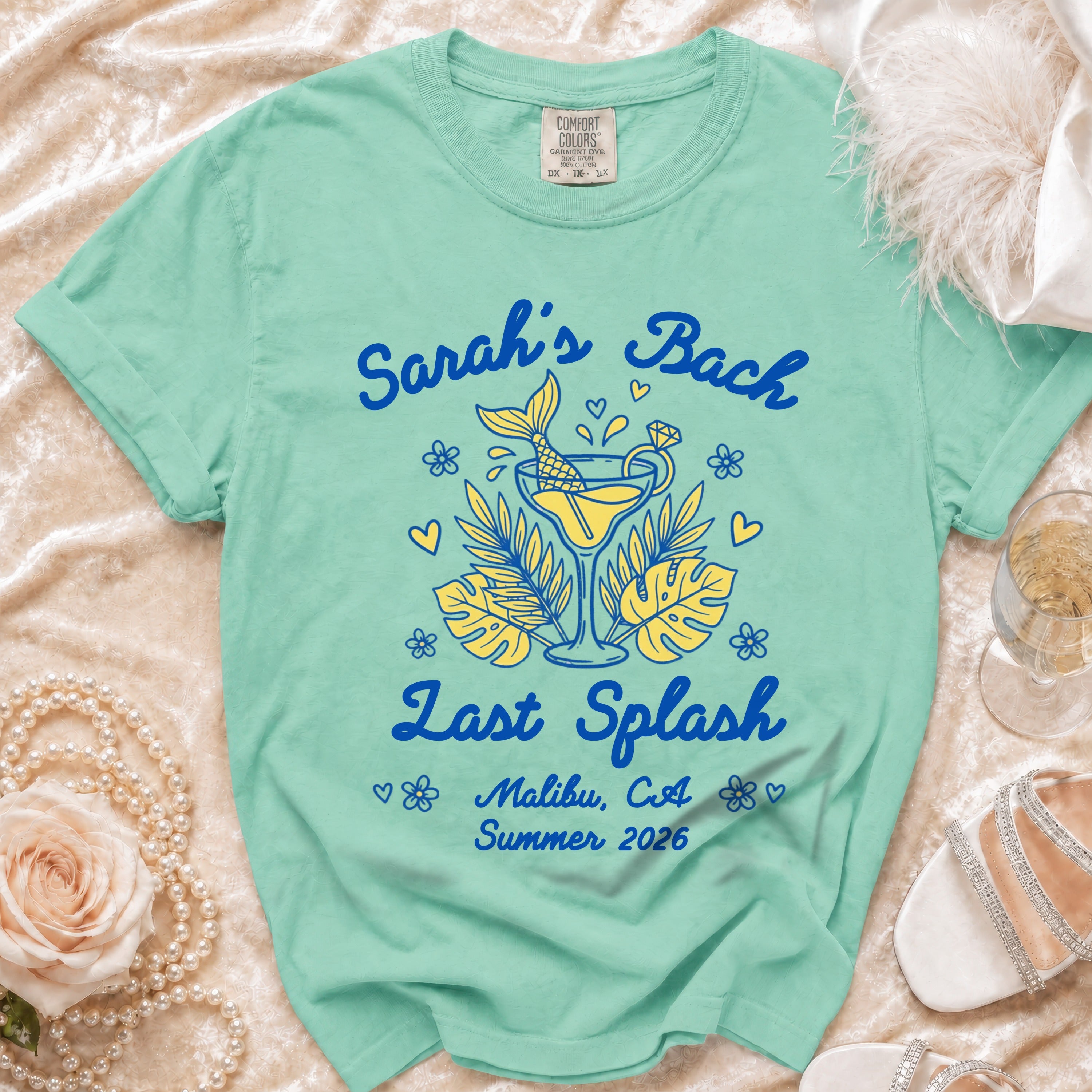 "Sarah's Bach Last Splash Malibu CA Summer 2026" t-shirt with a cocktail and floral design.
