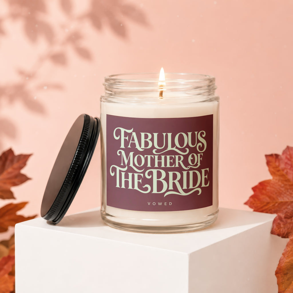 Candle with "Fabulous Mother of the Bride" text and a lit wick.