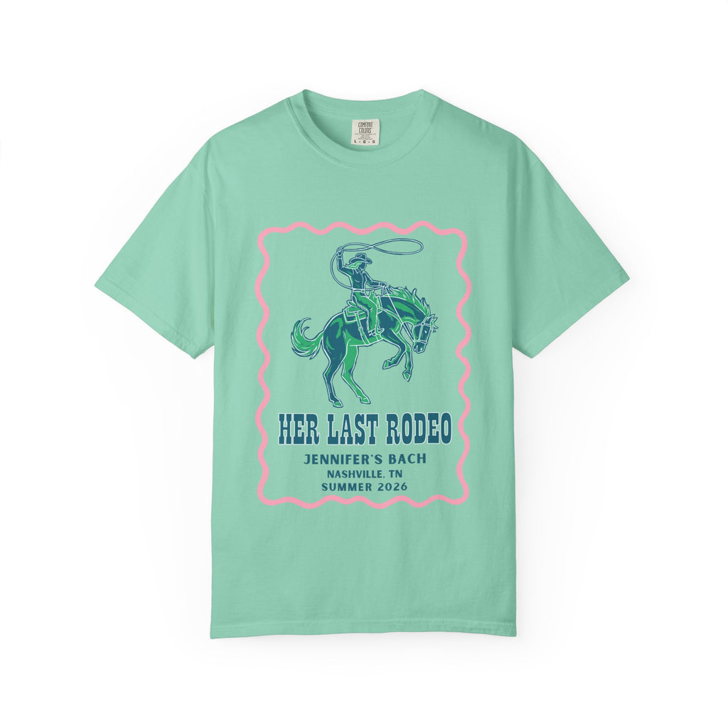 Mint green t-shirt with "Her Last Rodeo" text and a rodeo rider graphic.
