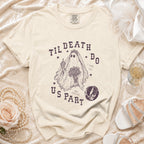 Cream t-shirt with ghost bride graphic: "Til Death Do Us Part, Not Forever"