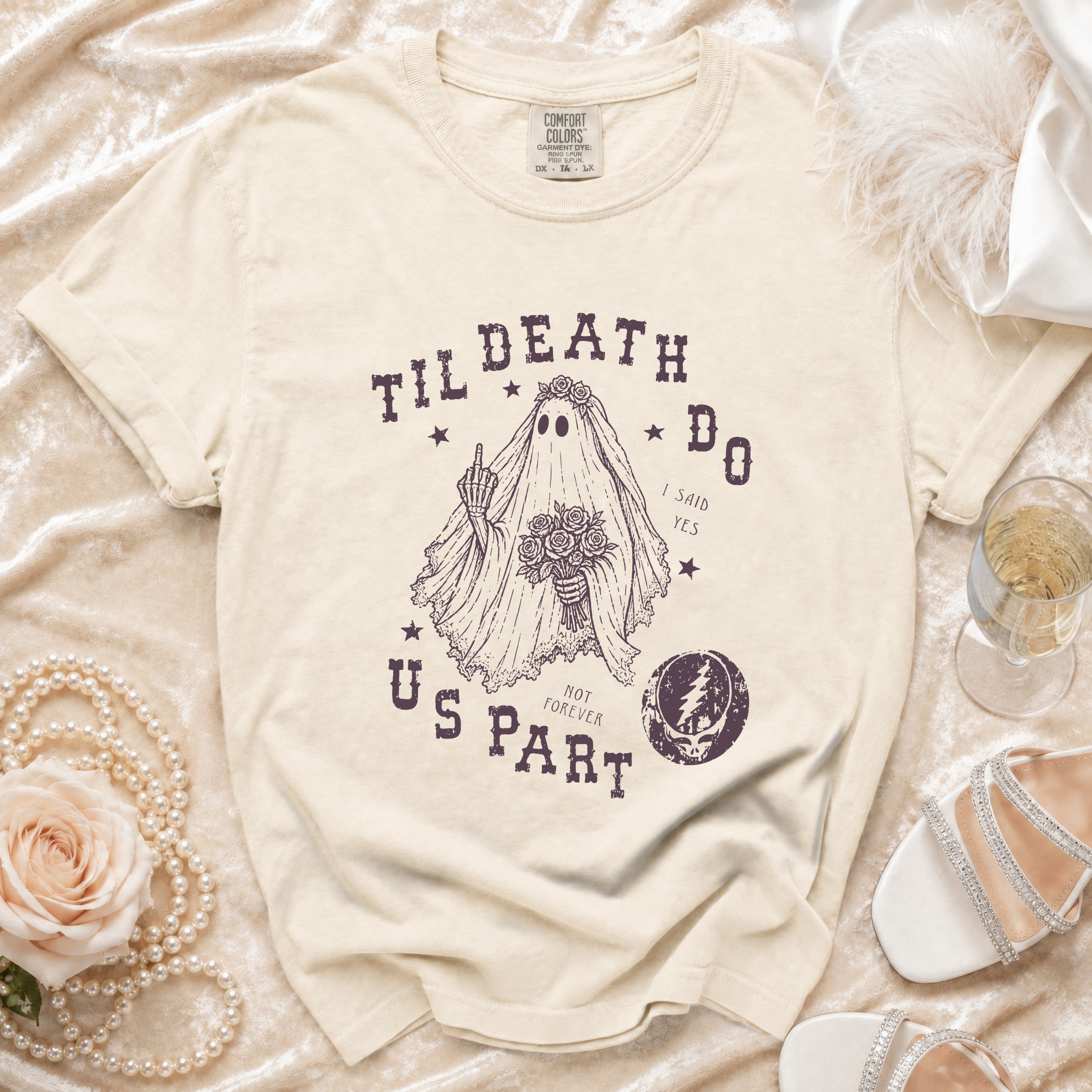 Cream t-shirt with ghost bride graphic: "Til Death Do Us Part, Not Forever"