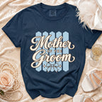 Navy Comfort Colors t-shirt with "Mother OF THE Groom" text and bow graphic.