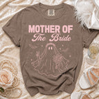 Brown t-shirt with "Mother of The Bride" text and a ghost bride graphic.