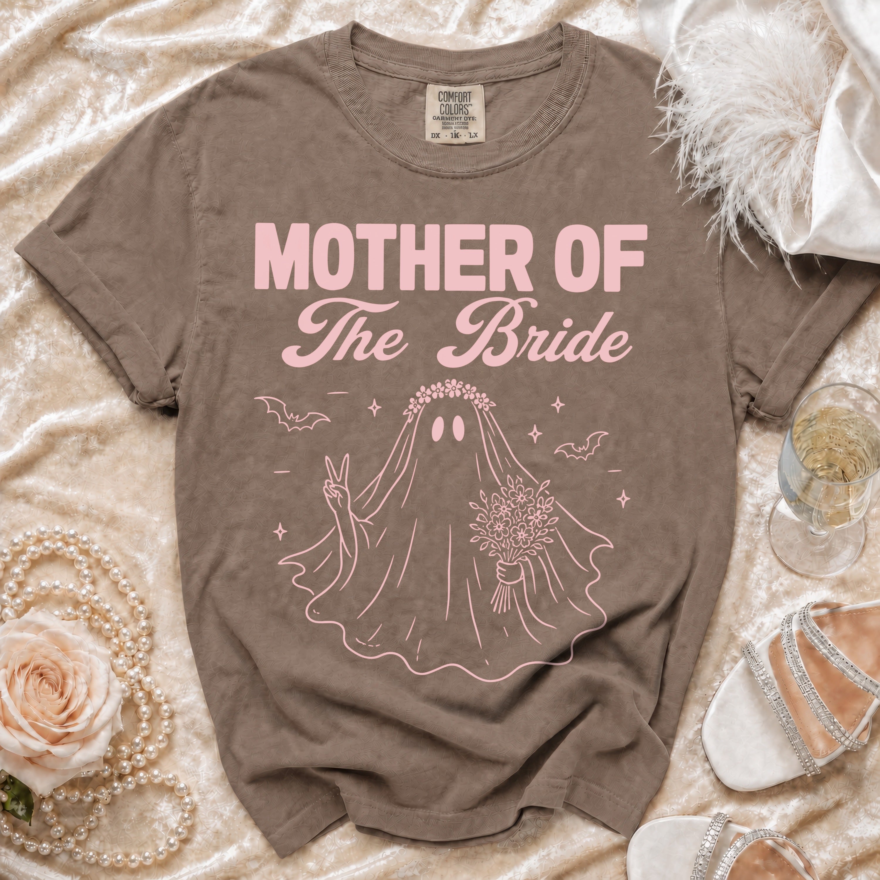 Brown t-shirt with "Mother of The Bride" text and a ghost bride graphic.