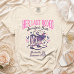 "Her Last Rodeo" t-shirt with cowboy boots, hat, and Nashville text.
